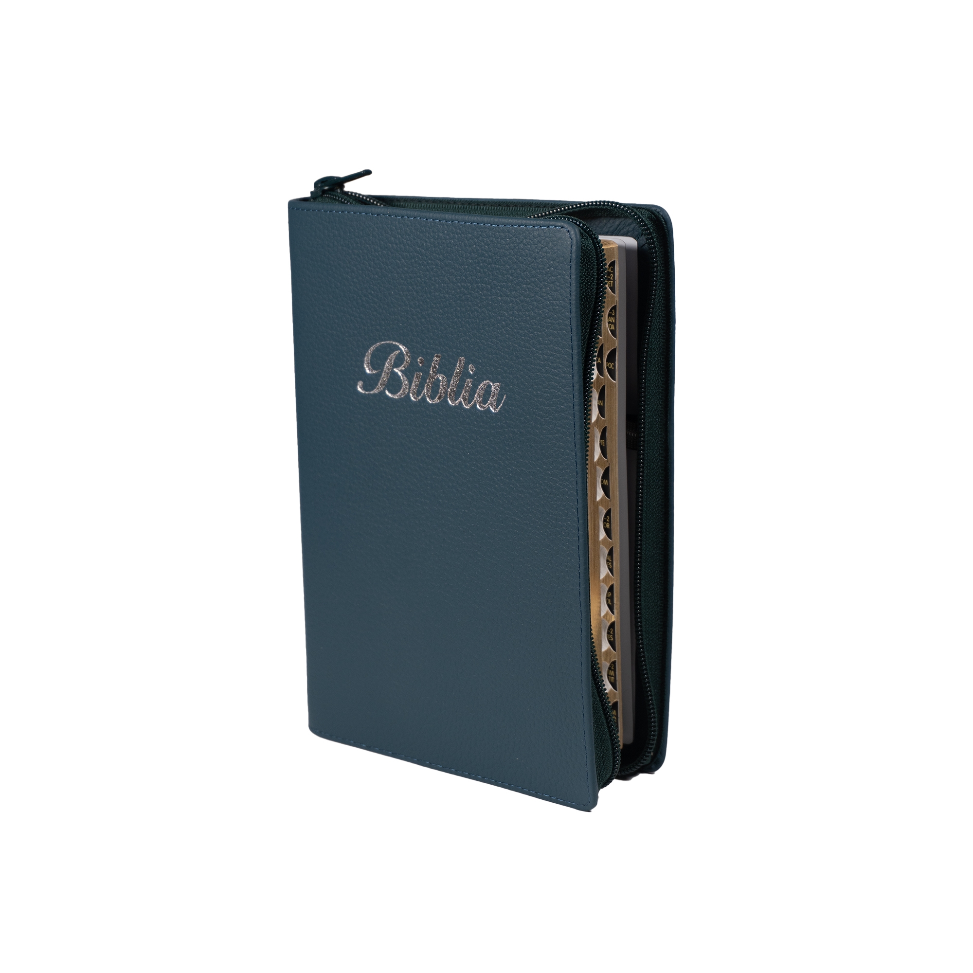 Biblia marime medie, turcoaz inchis, piele, fermoar, margini aurii, index, cuv. lui Isus cu rosu [MAR 057 PFI]