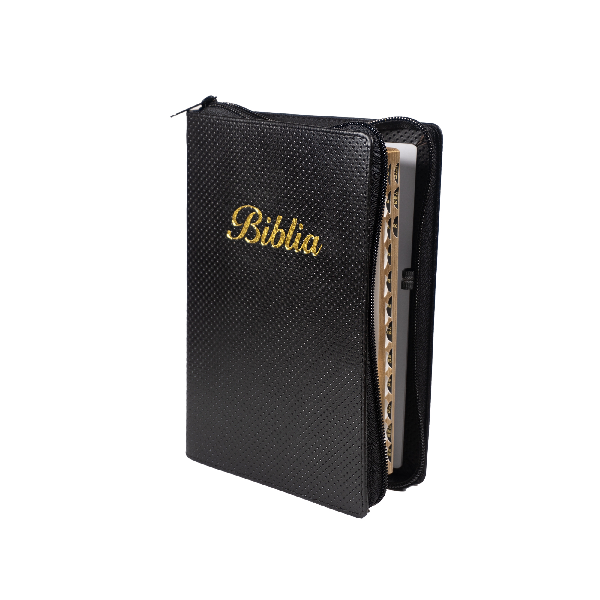 Biblia marime medie, negru texturat, piele, fermoar, margini aurii, index, cuv. lui Isus cu rosu [MAR 057 PFI]