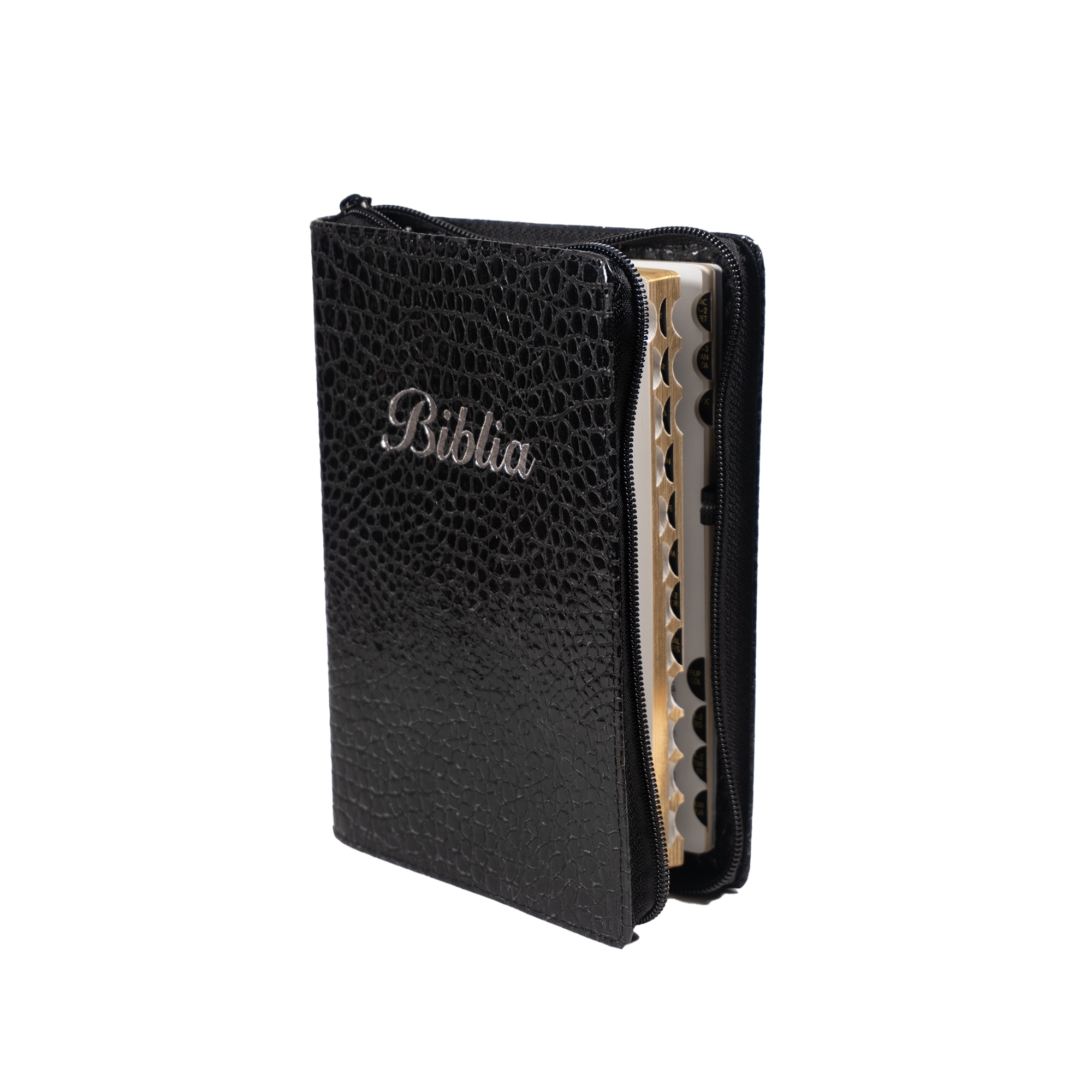 Biblia marime medie, negru texturat, piele, fermoar, margini aurii, index, cuv. lui Isus cu rosu [MAR 057 PFI]