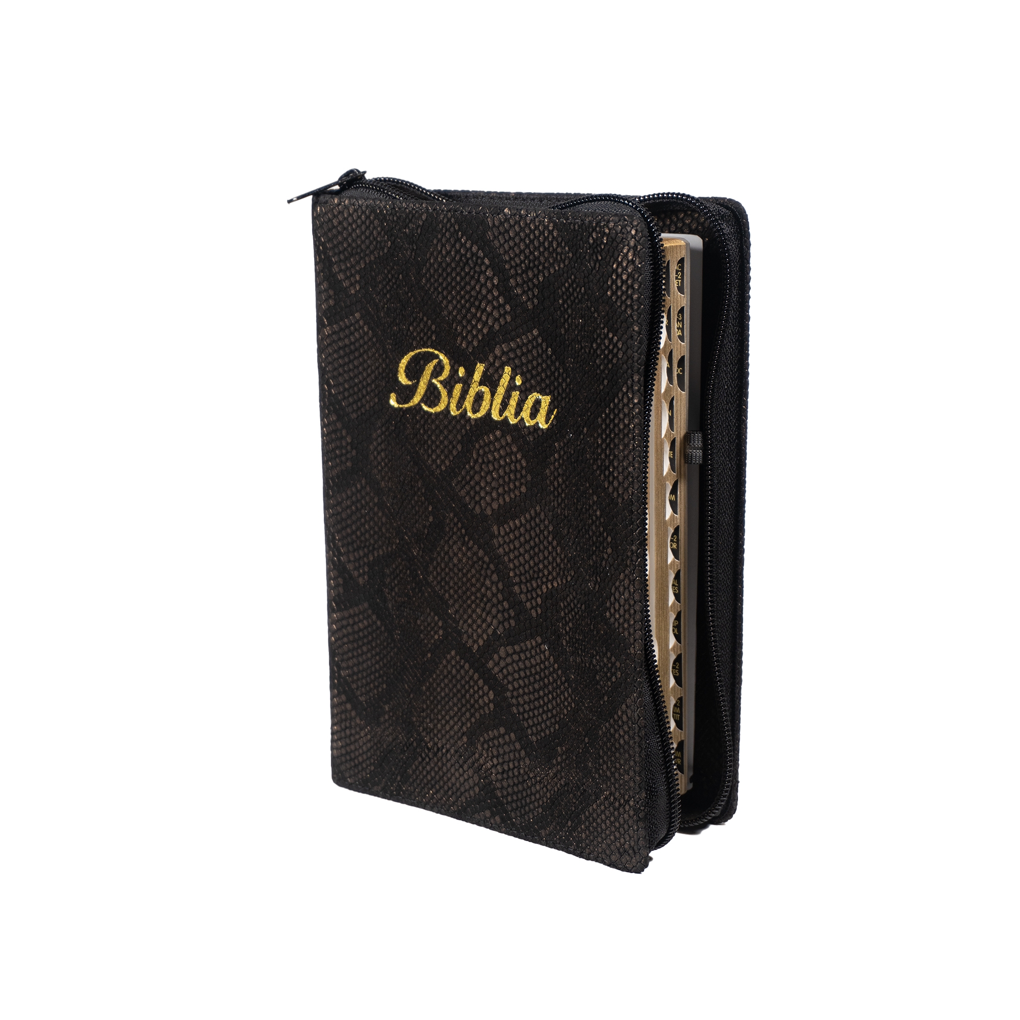 Biblia marime medie, maro inchis texturat, piele, fermoar, margini aurii, index, cuv. lui Isus cu rosu [MAR 057 PFI]