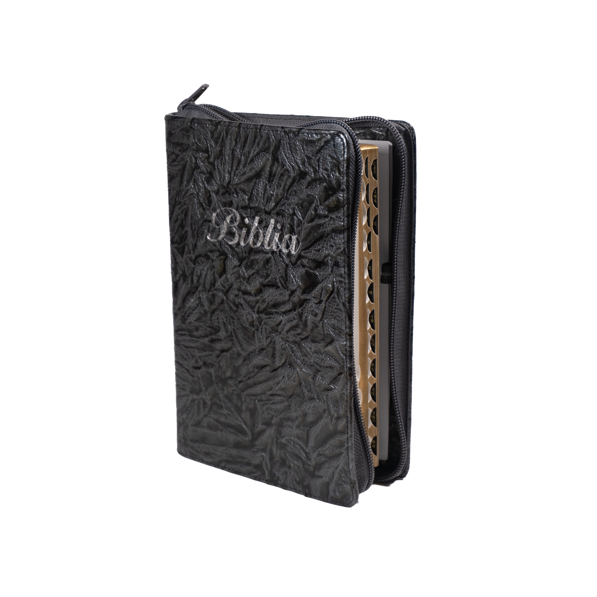 Biblia marime medie, gri inchis texturat, piele, fermoar, margini aurii, index, cuv. lui Isus cu rosu [MAR 057 PFI]