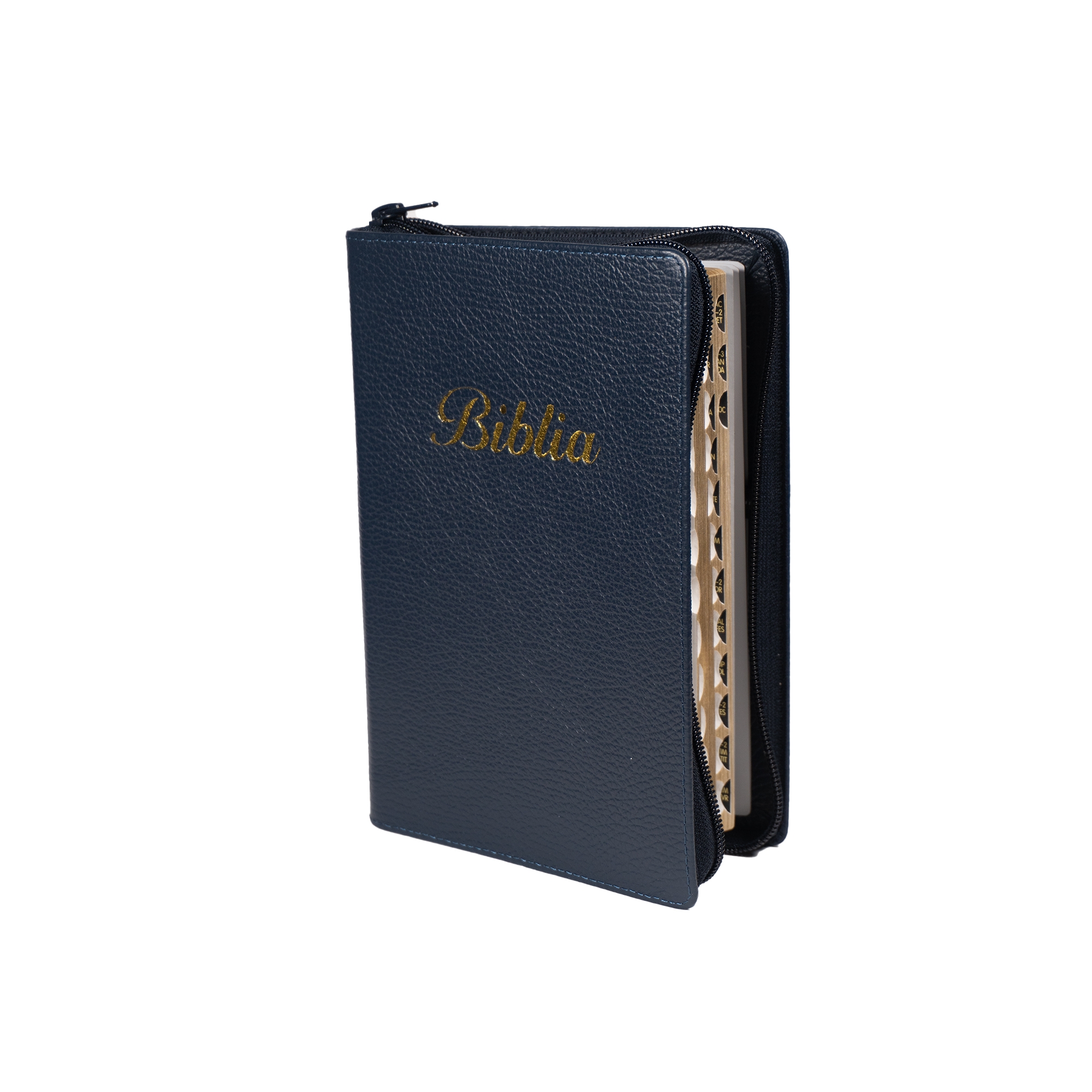 Biblia marime medie, bleumarin inchis, piele, fermoar, margini aurii, index, cuv. lui Isus cu rosu [MAR 057 PFI]