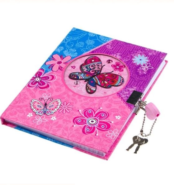 Carnet A5, roz-mov-albastru, fluturi, cu lacat Carnet A5, roz-mov-albastru, fluturi, cu lacat