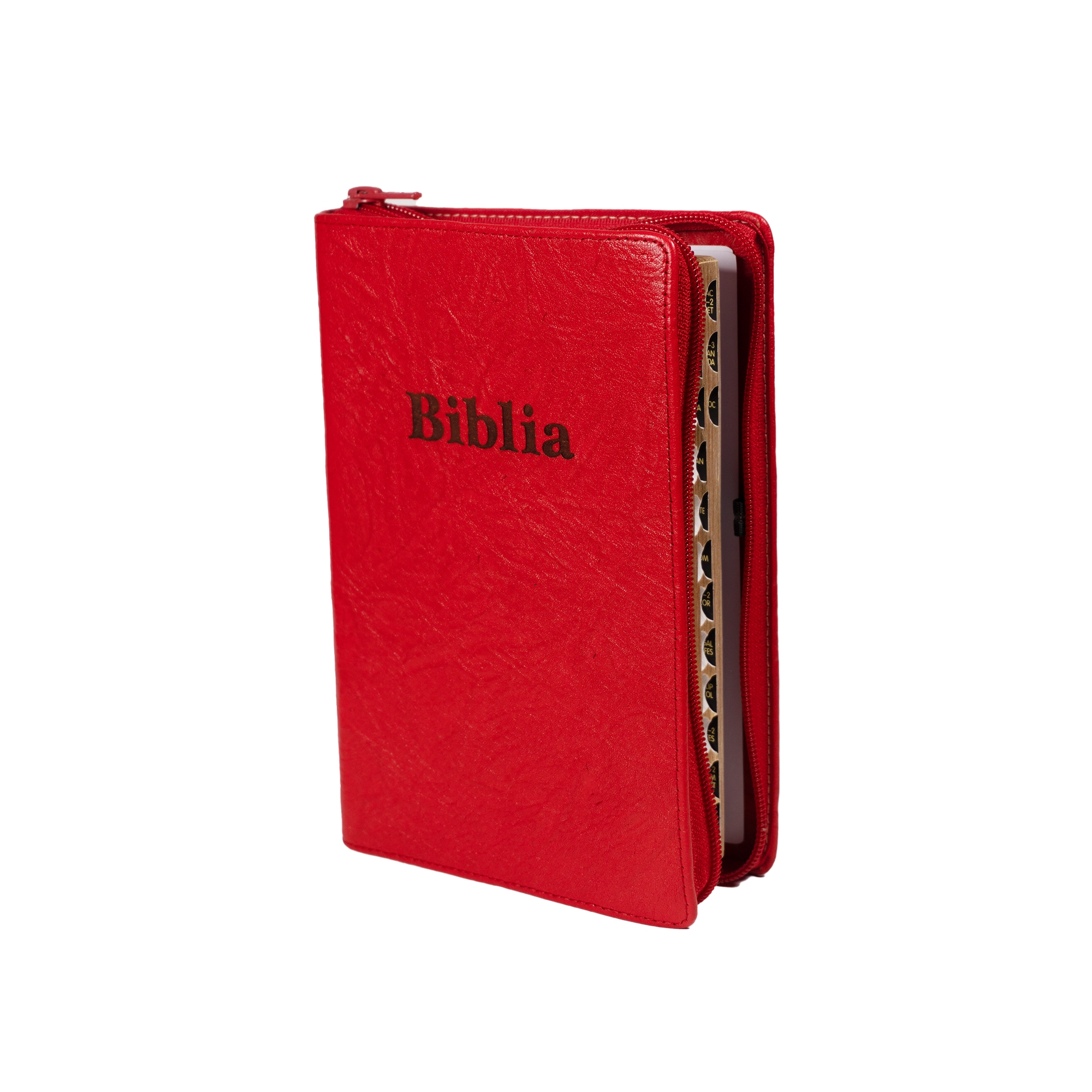 Biblia marime medie, rosie, piele, fermoar, margini aurii, index, cuv. lui Isus cu rosu [MAR 057 PFI]