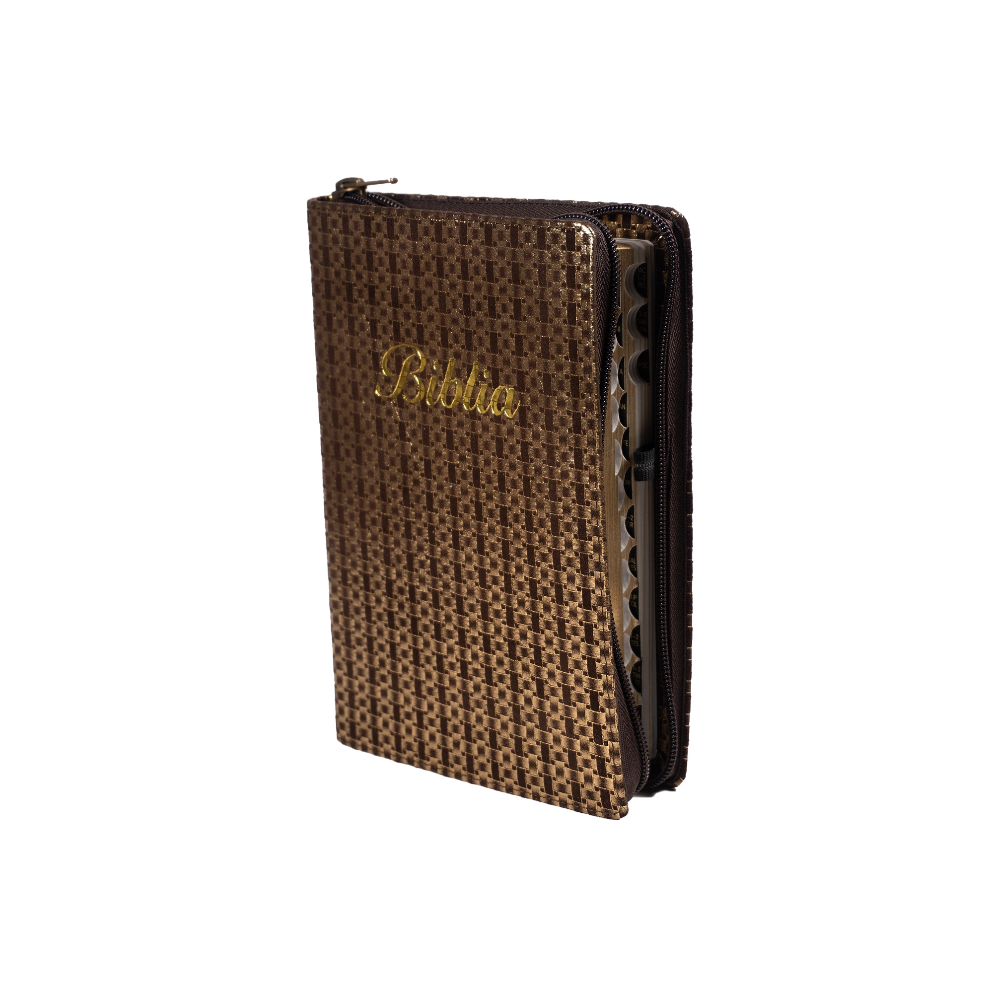 Biblia marime medie, maro cu textura aurie, fermoar, margini aurii, index, cuv. lui Isus cu rosu [MAR 057 PFI]