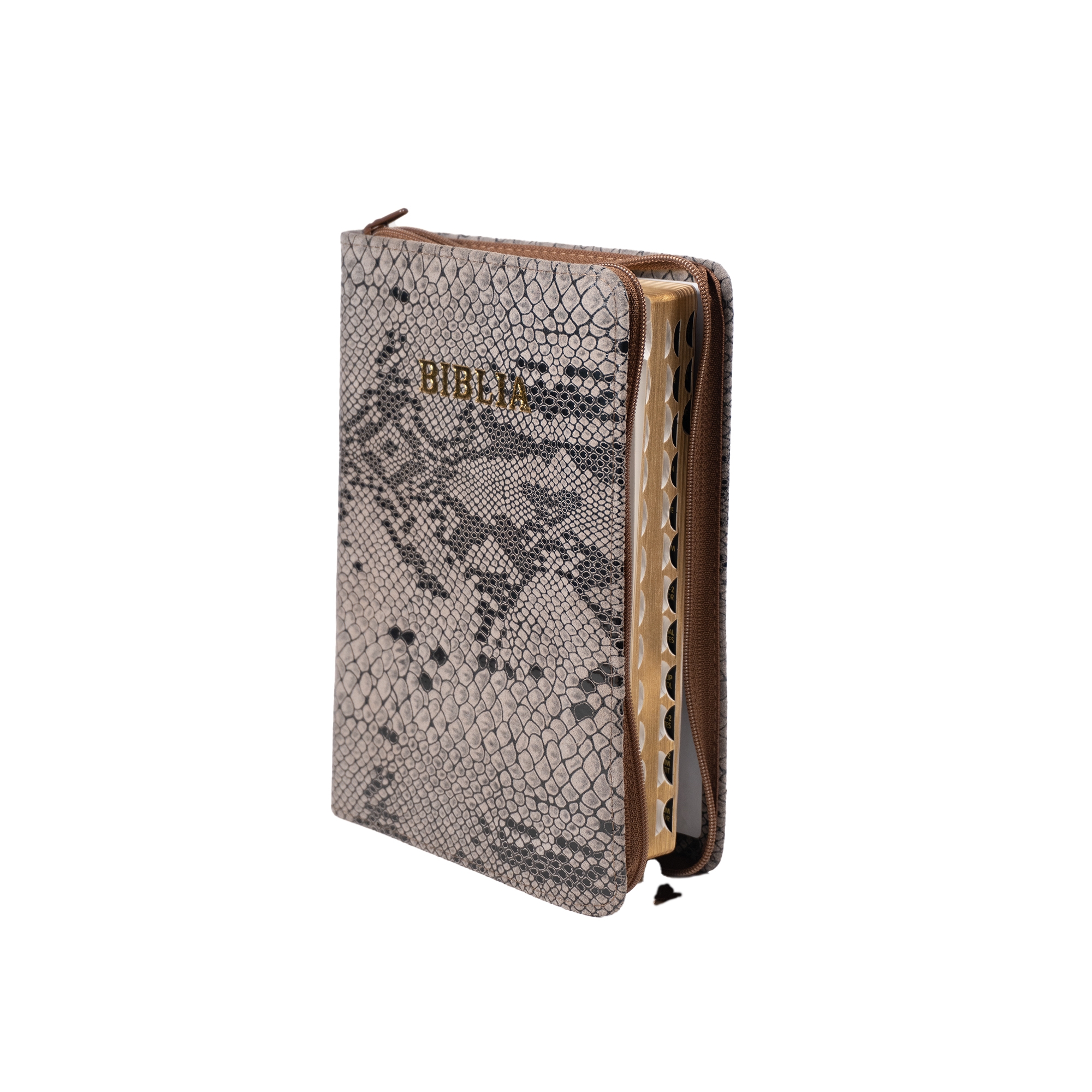 Biblie din piele, marime medie, culoare, maro cu gri texturat, fermoar, index, margini aurii, cuv. lui Isus cu rosu [SB 057 PFI]