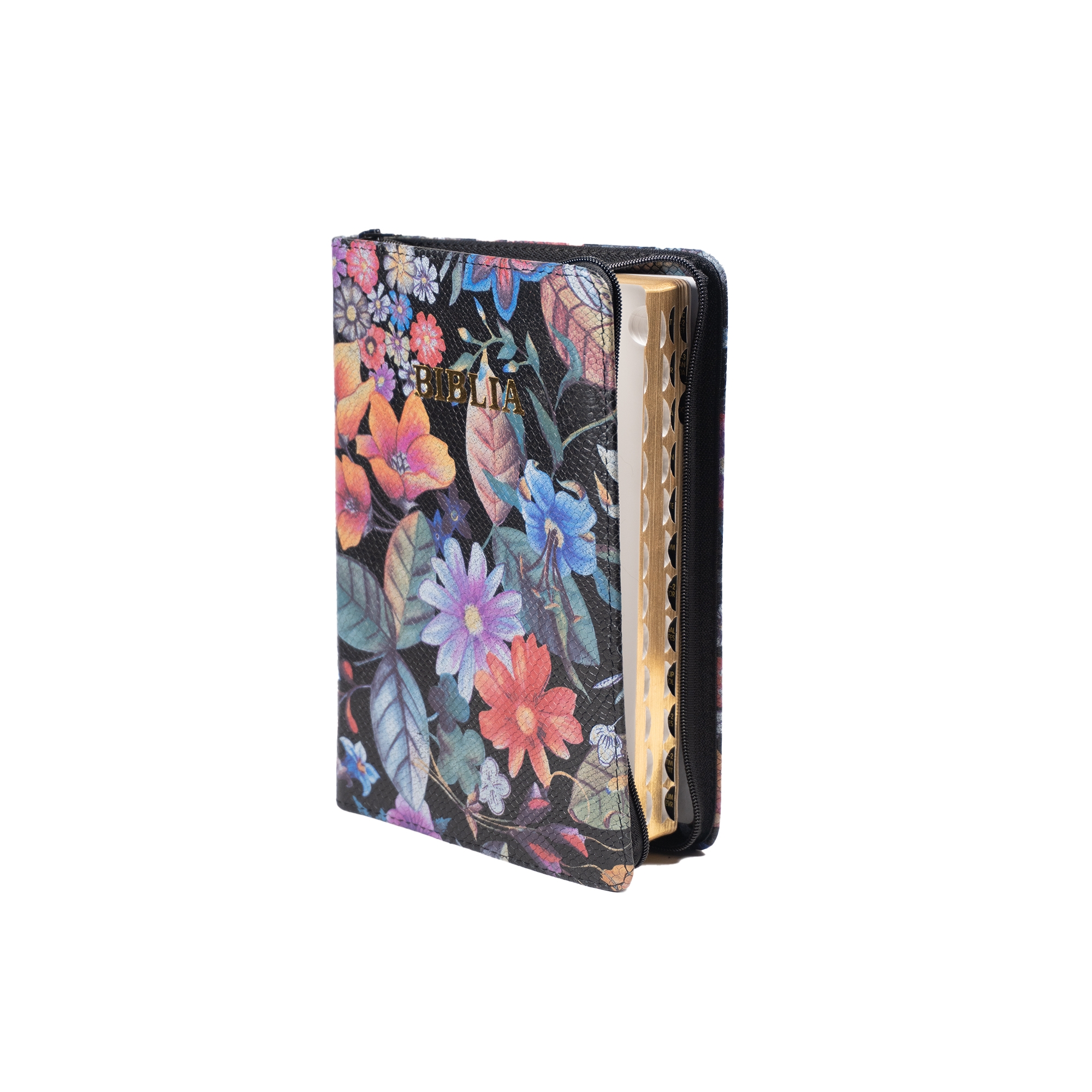 Biblie din piele, marime medie, culoare neagra cu flori, fermoar, index, margini aurii, cuv. lui Isus cu rosu [SB 057 PFI]