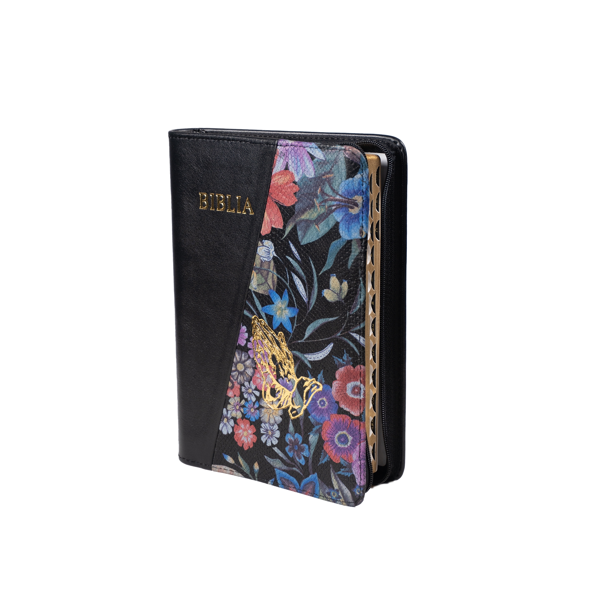 Biblie din piele, marime medie, culoare doua culori negru si negru cu flori , fermoar, index, margini aurii, cuv. lui Isus cu rosu [SB 057 PFI]