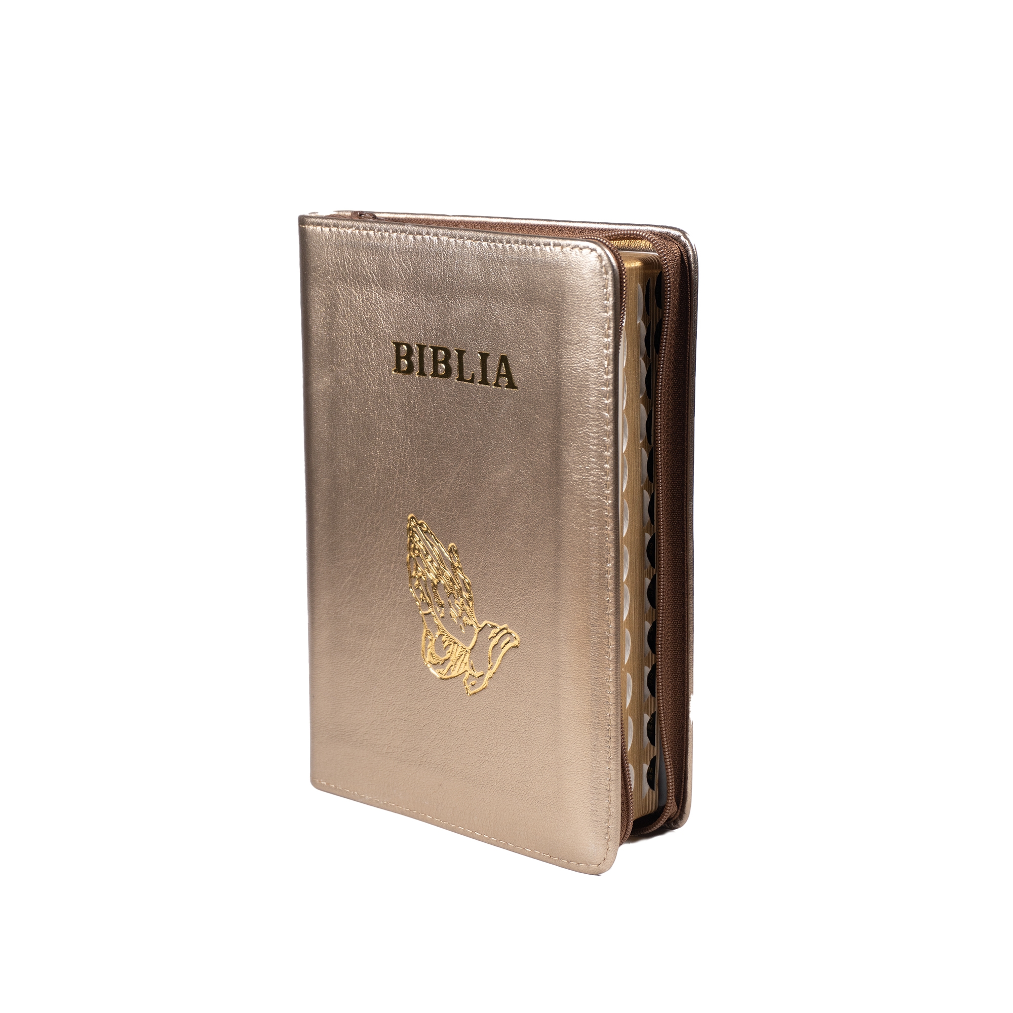 Biblie din piele, marime medie, culoare auriu sidefat , fermoar, index, margini aurii, cuv. lui Isus cu rosu [SB 057 PFI]