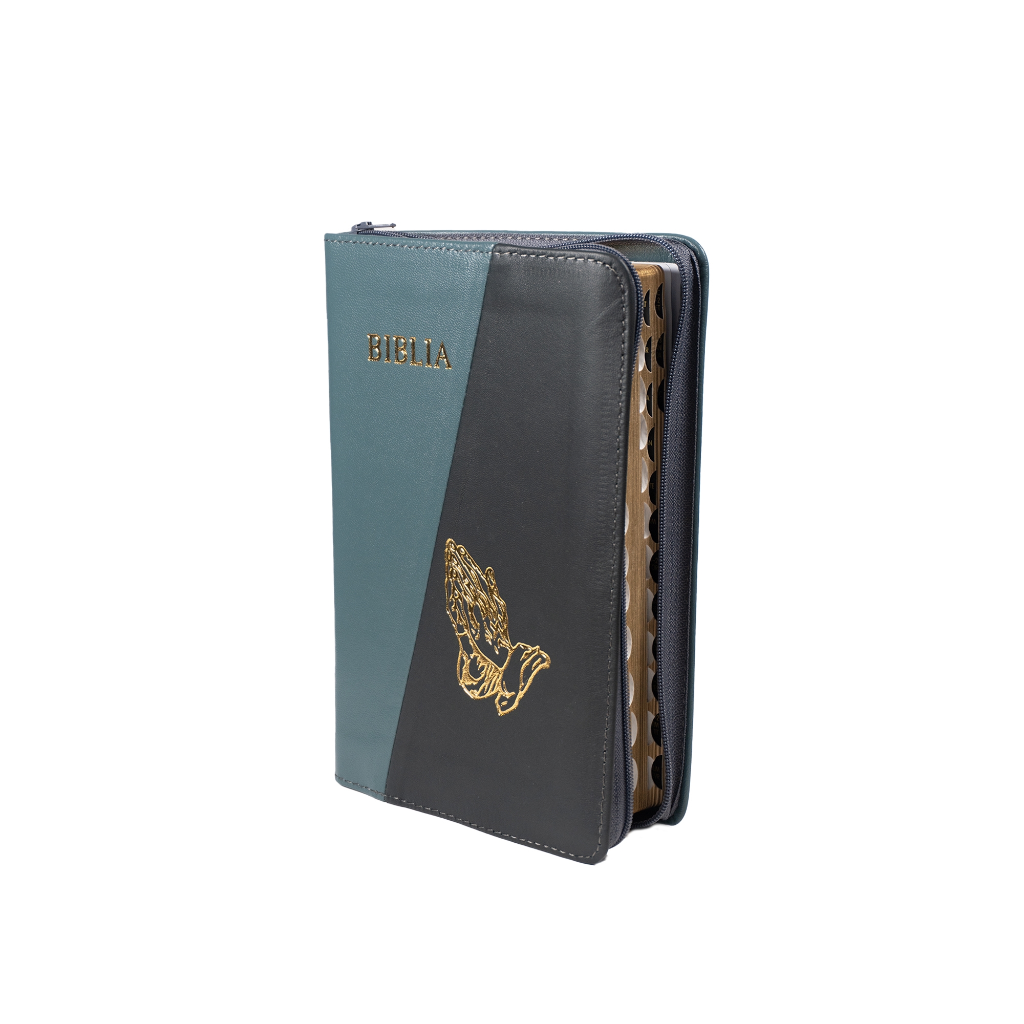 Biblie din piele, marime medie, culoare albastru ceruleum cu gri inchis , fermoar, index, margini aurii, cuv. lui Isus cu rosu [SB 057 PFI]