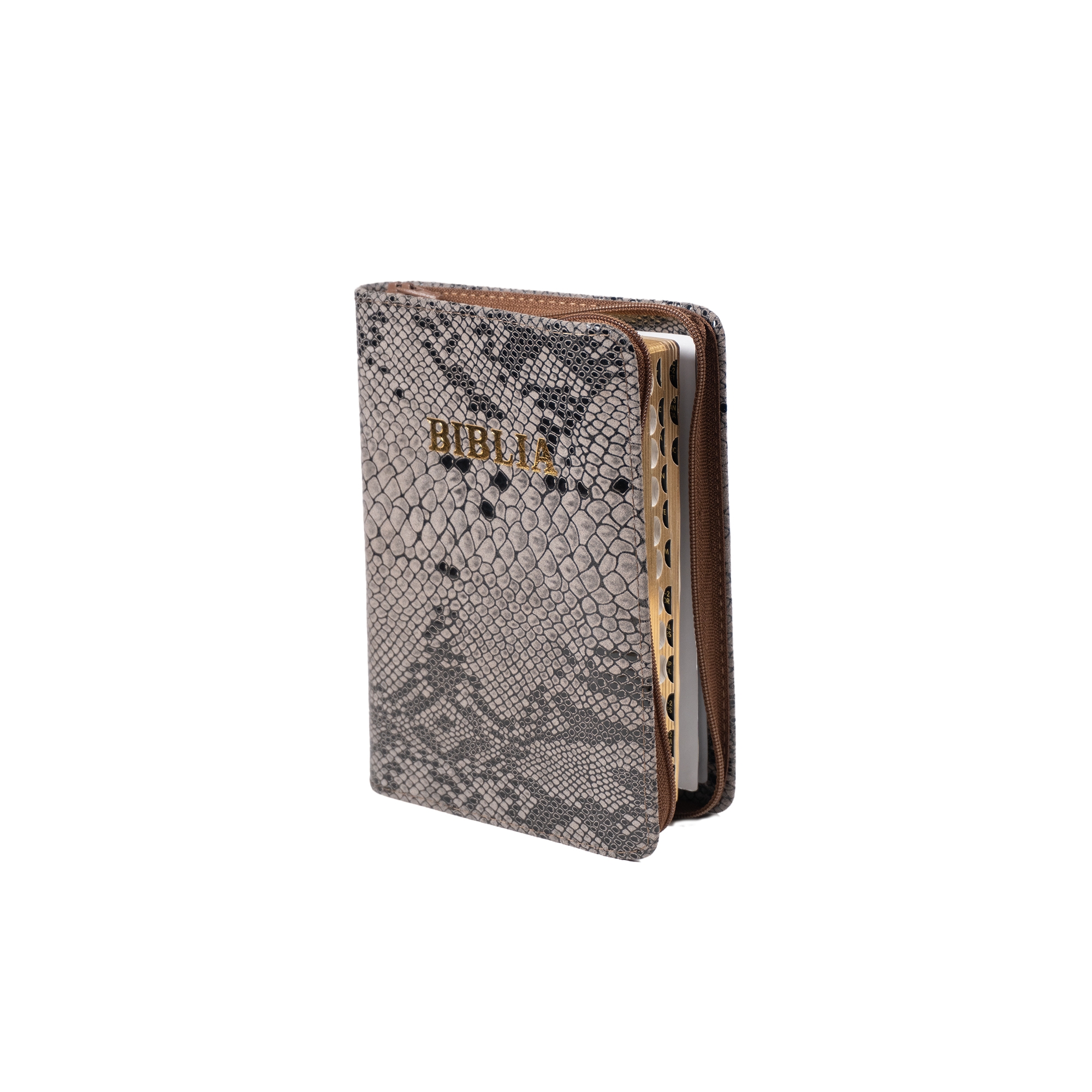 Biblia mica, coperta piele, culoare, maro cu gri texturat, index, fermoar, margini aurii,  cuv. lui Isus in rosu [047 PFI]