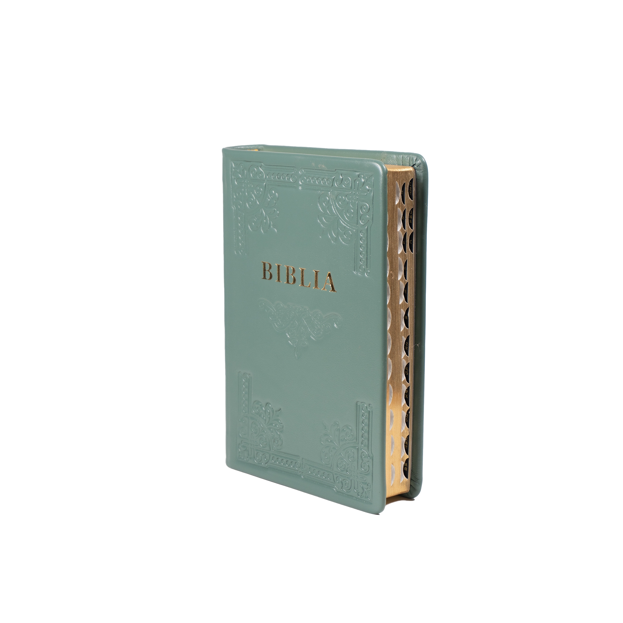 Biblia din piele, handmade, marime medie, culoare turcoaz deschis, margini aurii cu index, cuv. lui Isus cu rosu [057 HM]