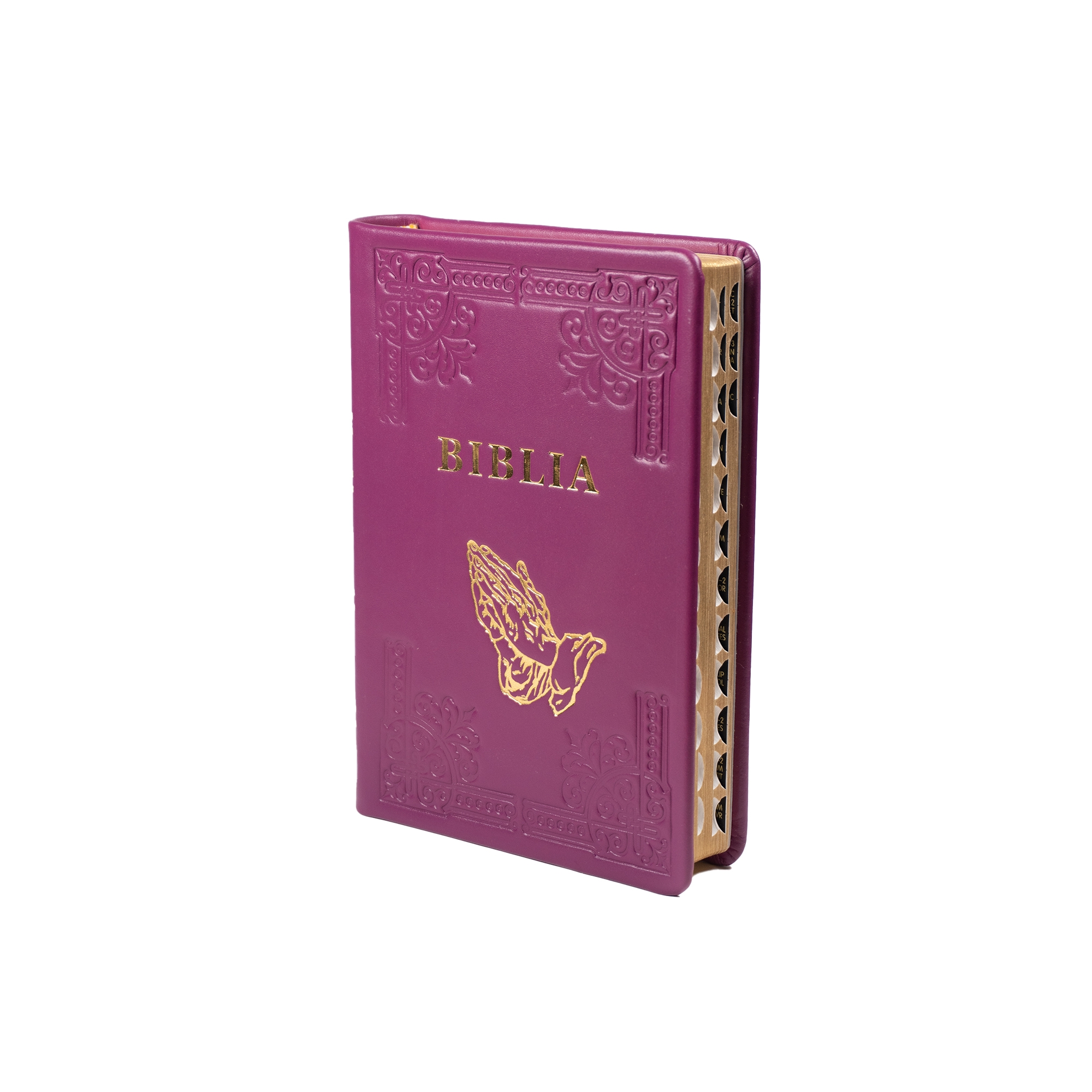 Biblia din piele, handmade, marime medie, culoare roz magenta  inchis , margini aurii cu index, cuv. lui Isus cu rosu [057 HM]
