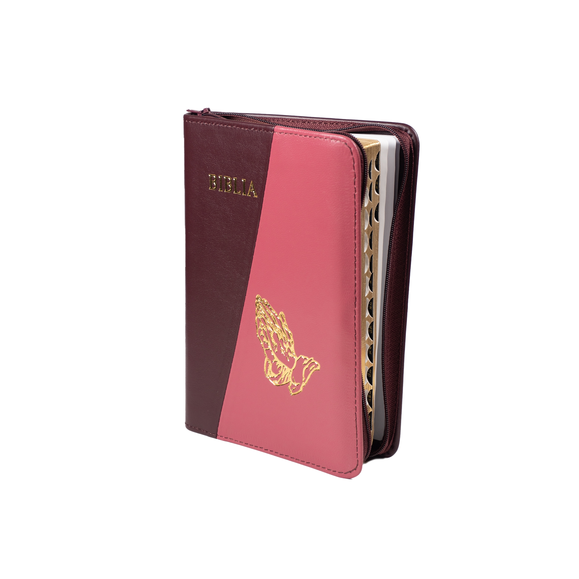 Biblie din piele, marime medie, vișiniu cu roz închis , simbol maini in rugaciune, fermoar, index, margini aurii, cuv. lui Isus cu rosu [SB 057 PFI]