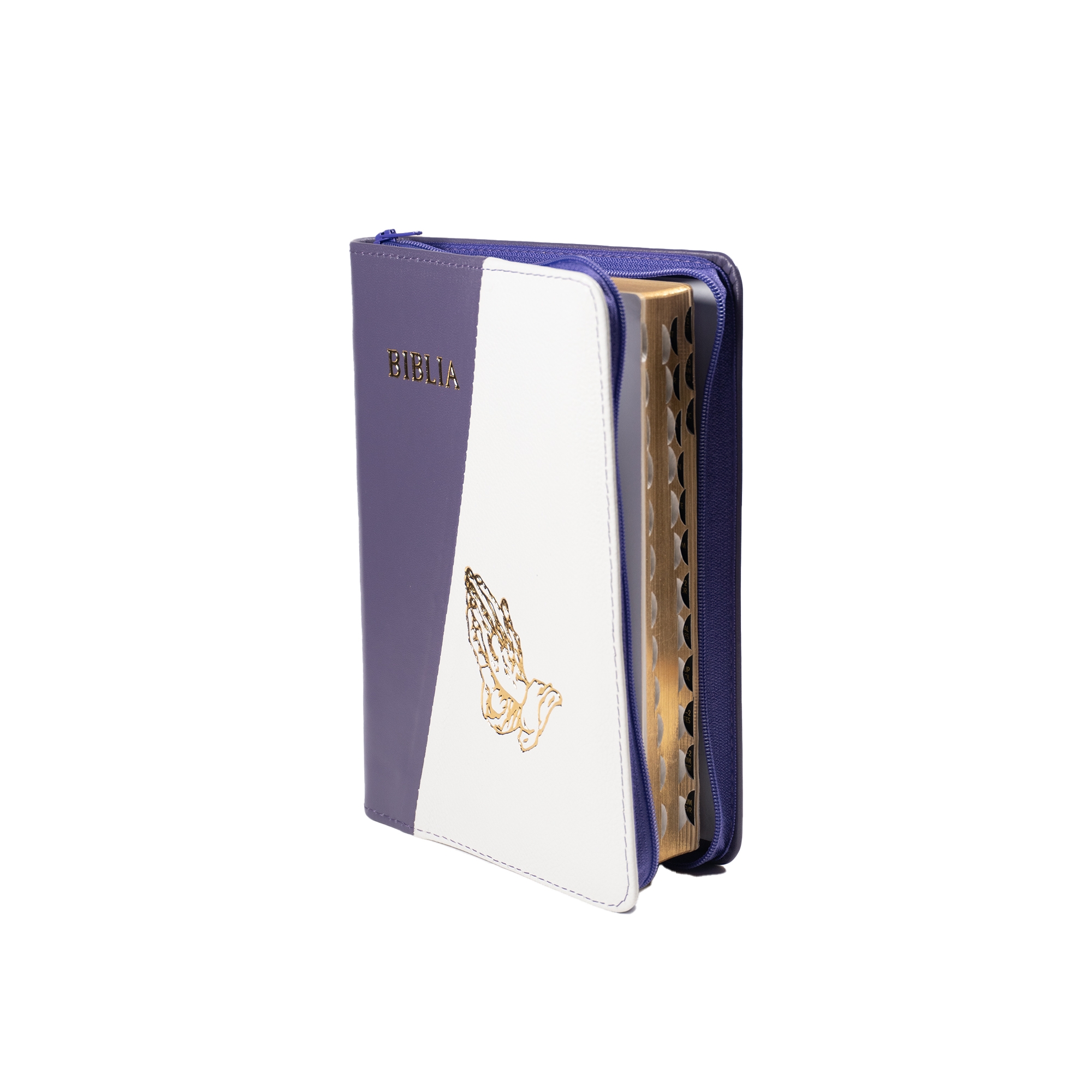Biblie din piele, marime medie, mov cu alb, simbol maini in rugaciune, fermoar, index, margini aurii, cuv. lui Isus cu rosu [SB 057 PFI]