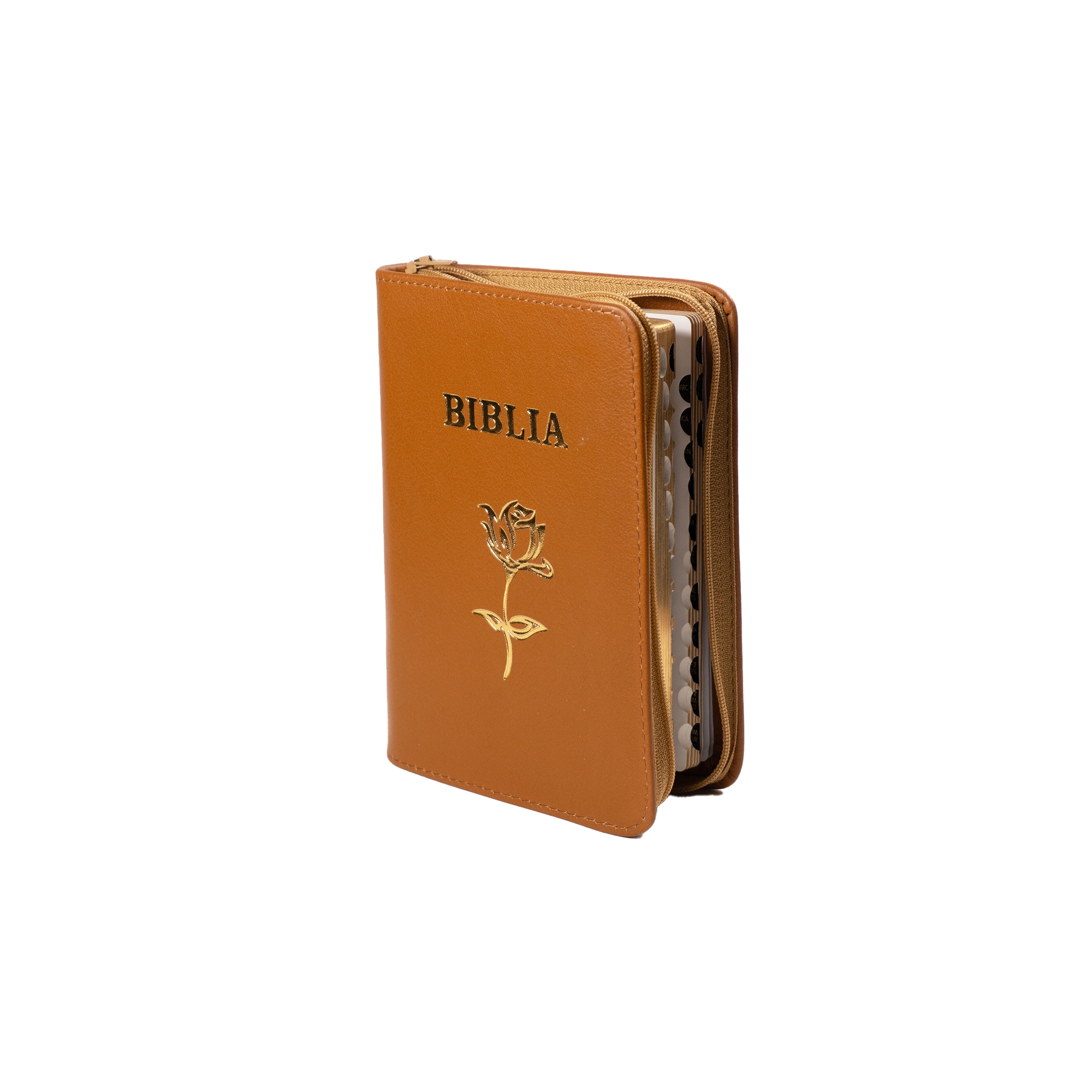 Biblia mica, coperta piele, maro, index, fermoar, margini aurii, simbol floral, cuv. lui Isus in rosu [047 PFI]