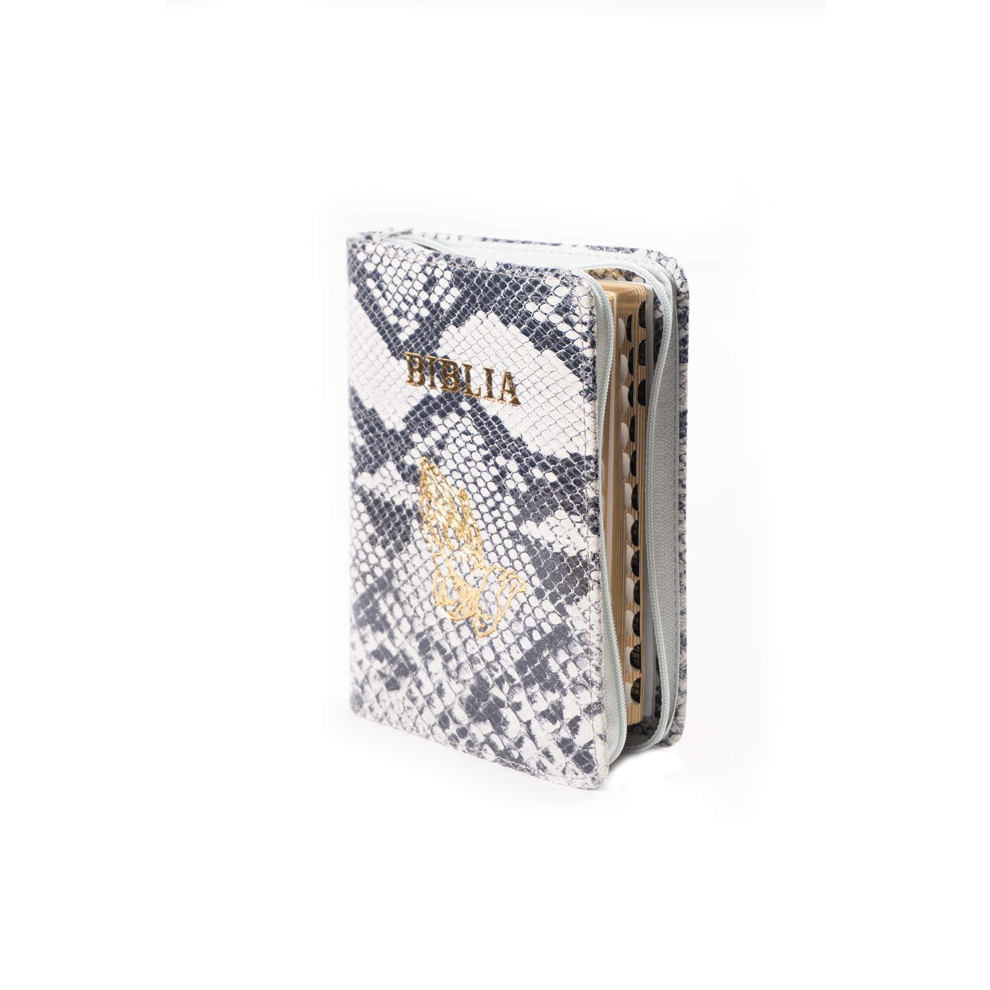 Biblia mica, coperta piele, culoare gri cu negru texturat, index, fermoar, margini aurii,  cuv. lui Isus in rosu [047 PFI]