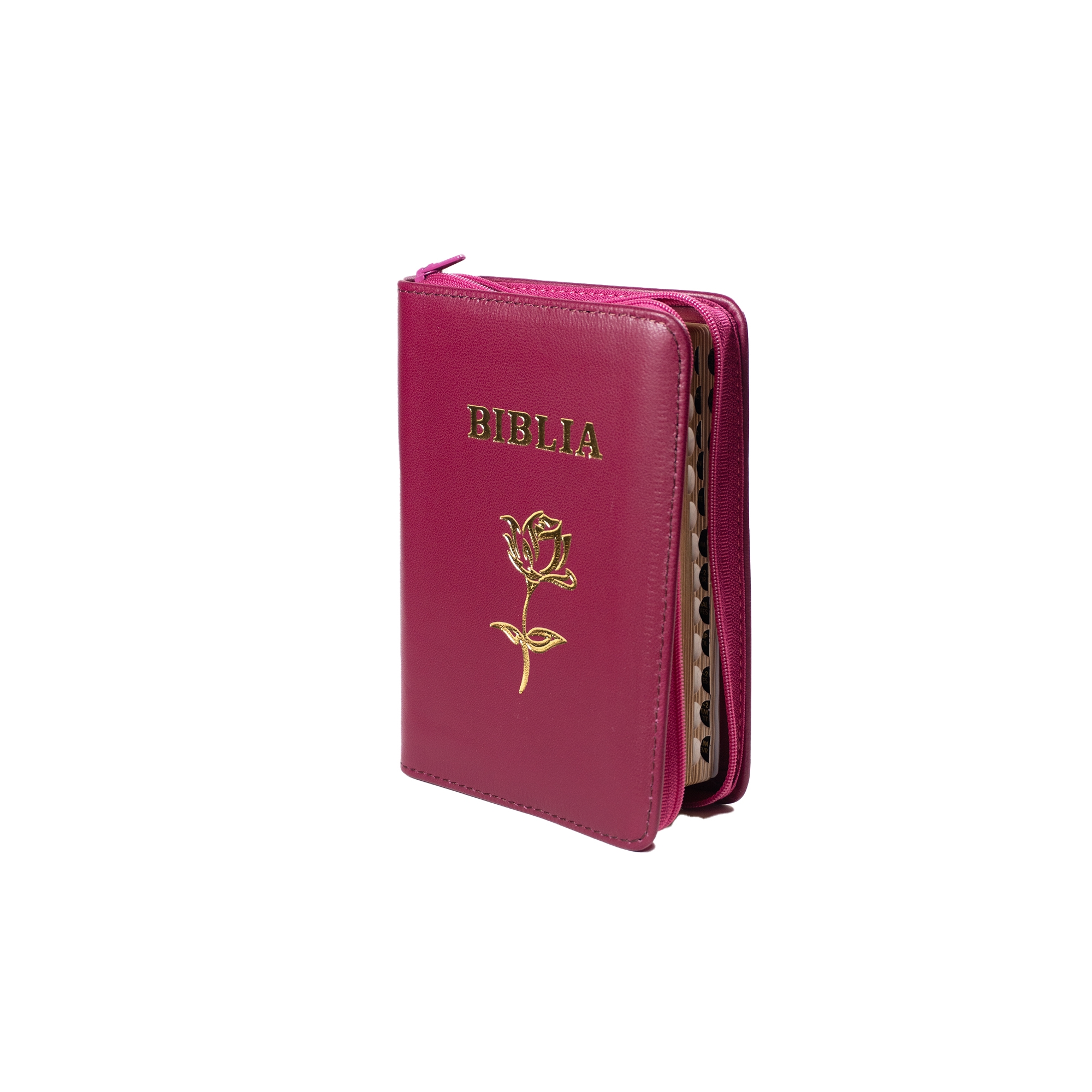 Biblia mica, coperta piele, roz magenta închis, index, fermoar, margini aurii, simbol floral, cuv. lui Isus in rosu [047 PFI]