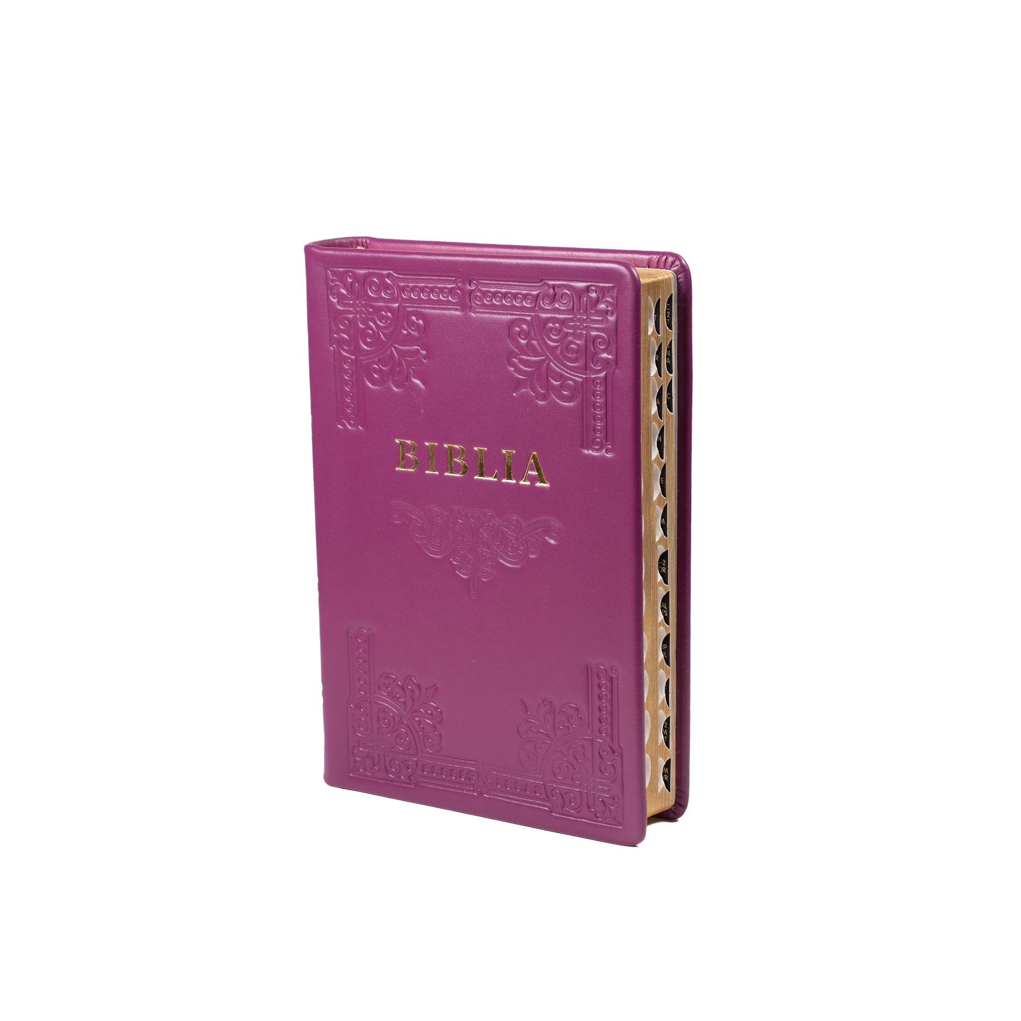 Biblia din piele, handmade, marime medie, culoare roz magenta  inchis , margini aurii cu index, cuv. lui Isus cu rosu [057 HM]