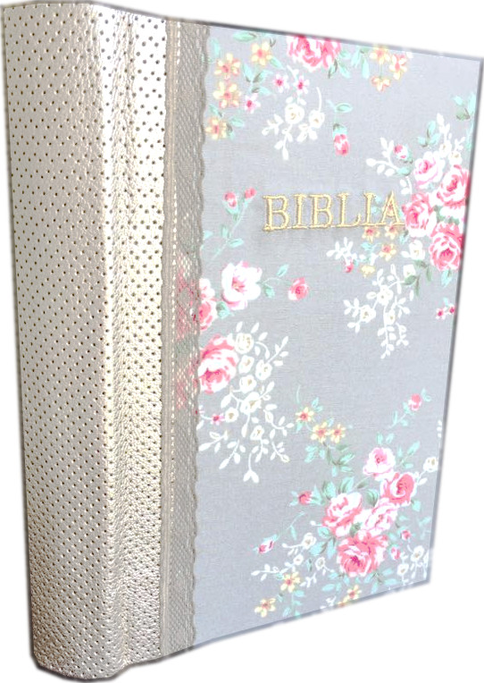 Biblia vintage handmade, marime medie, coperta cartonata textila, model floral - auriu | cenusiu, margini aurii [SI 052 HM]