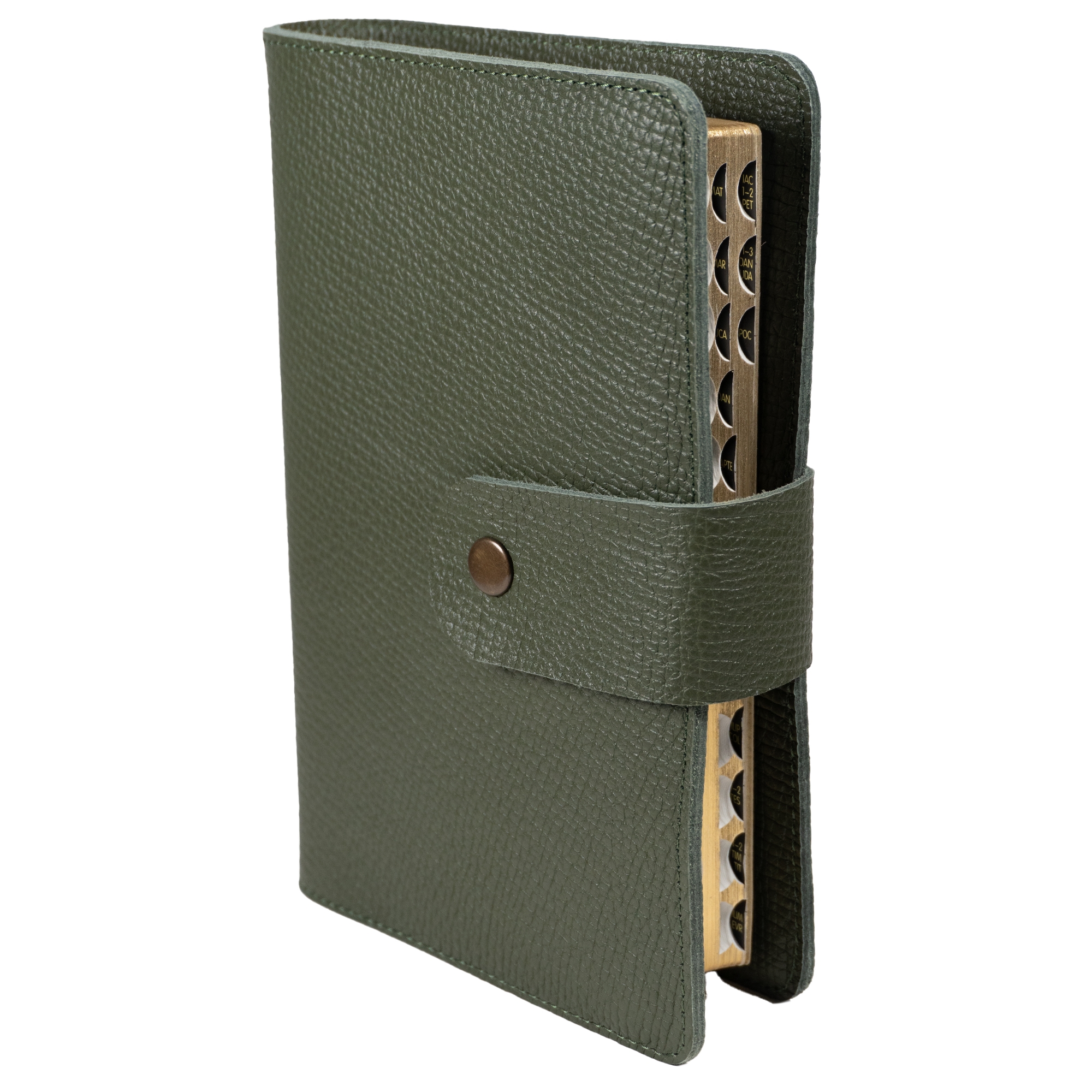 Biblia in husa handmade piele autentica, cu bareta si capsa, marime medie, verde, index, margini aurii, cuv. lui Isus cu rosu [057 BAR]