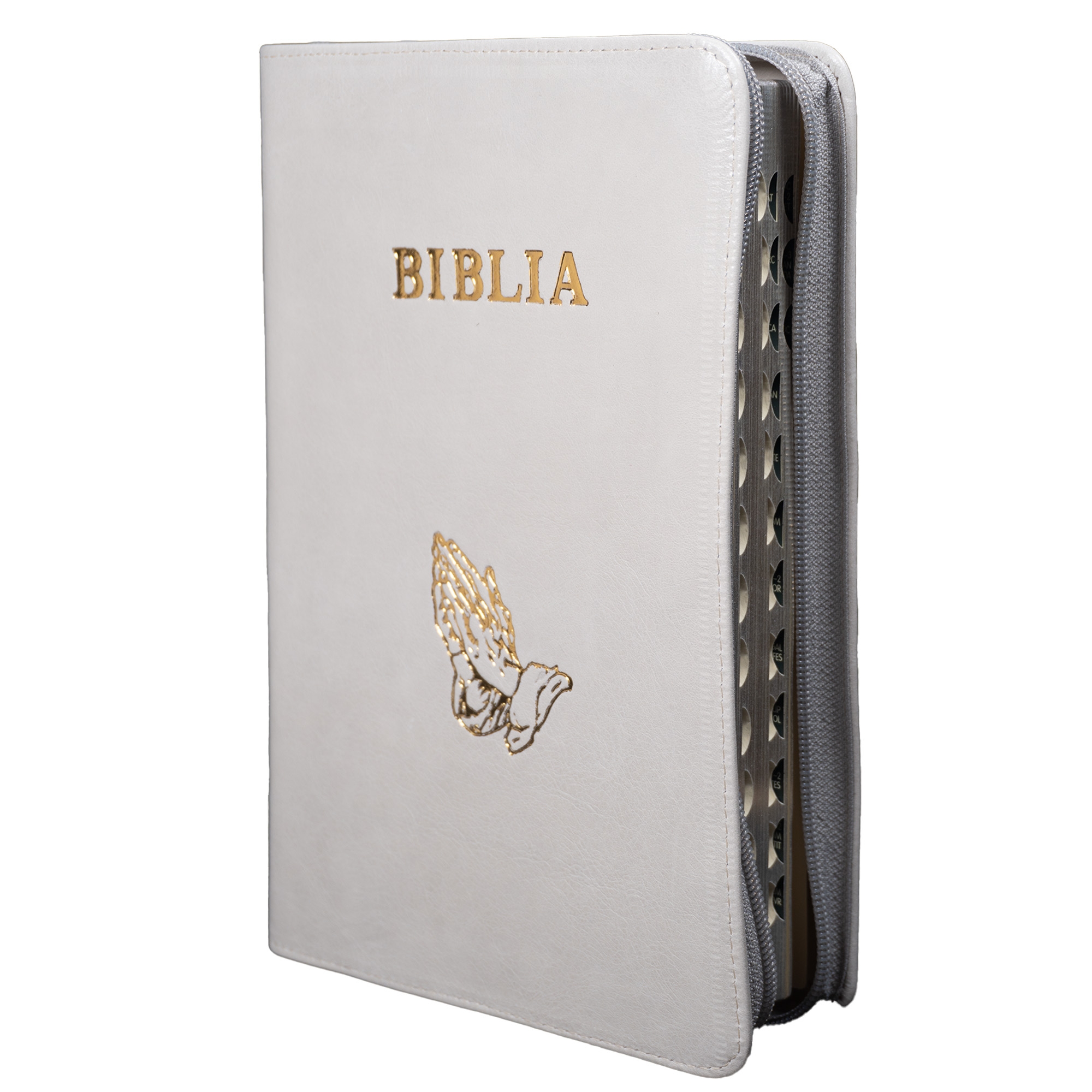 Biblie mare, piele, culoare alb murdar, fermoar, index, margini argintii, simbol mâini în rugăciune, cuv. Isus cu rosu [SI 073 PFI]