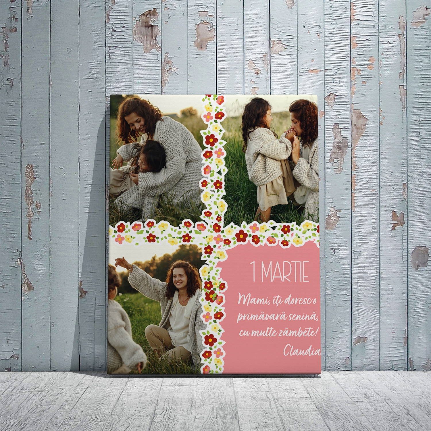 Tablou canvas personalizat cu 3 poze și nume – 1 Martie