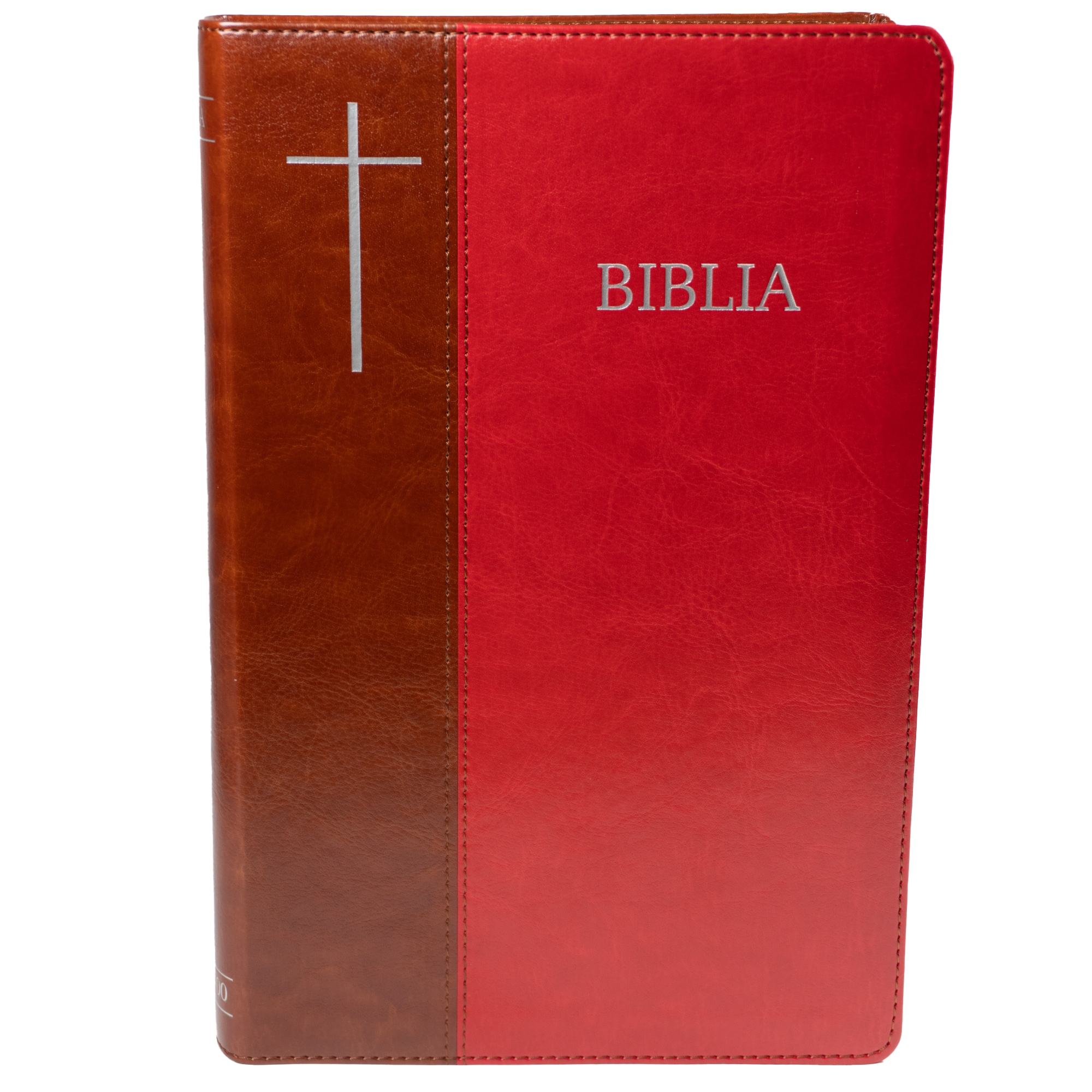 Biblie mare, piele ecologica, maro/roșu, index, margini argintii, cu cruce,cuv. Isus cu rosu [SI 076 TI] - Ediție centenară