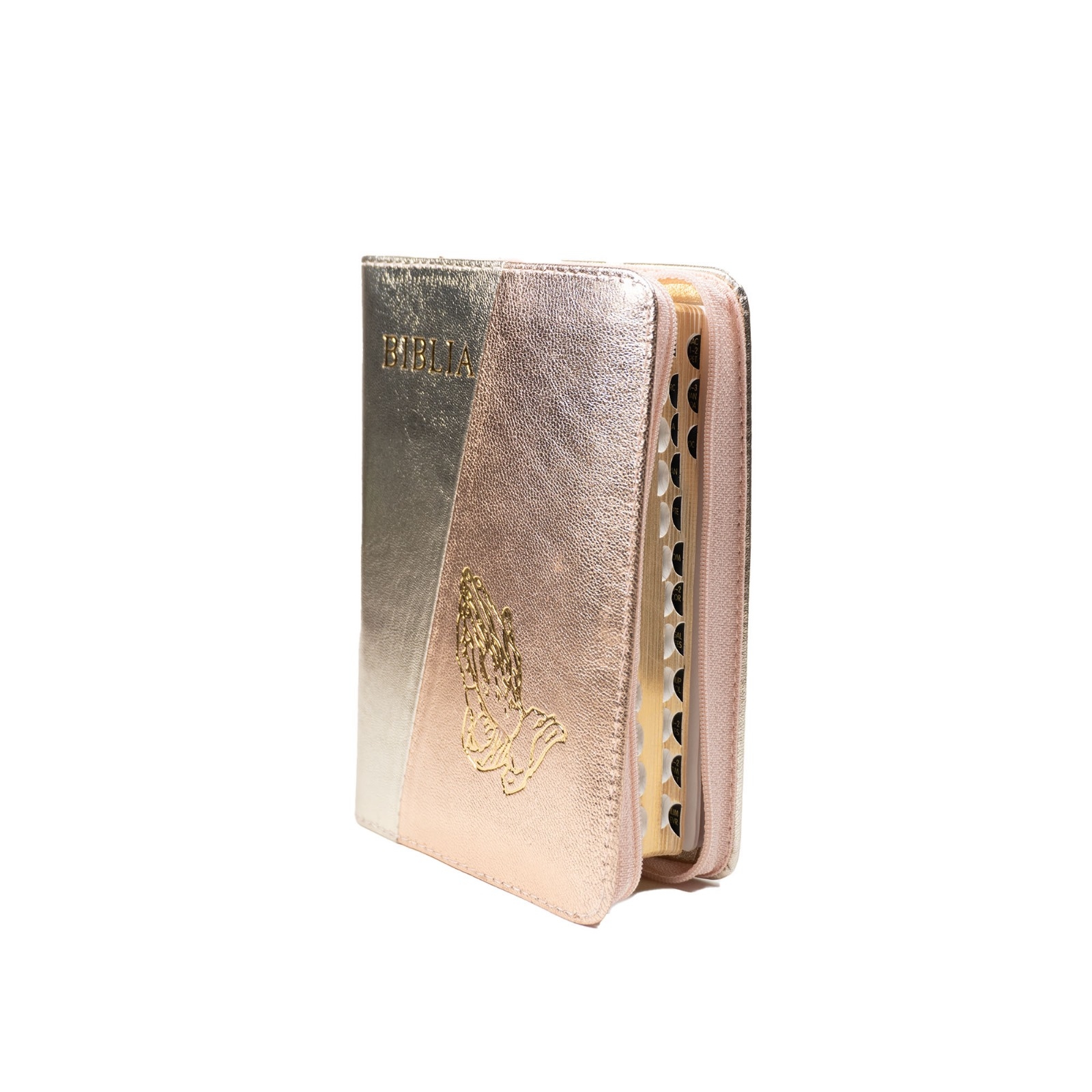 Biblia mica, coperta piele, culoare, auriu sidefat cu roz sidefat, index, fermoar, margini aurii,  simbolul maini, cuv. lui Isus in rosu [047 PFI]