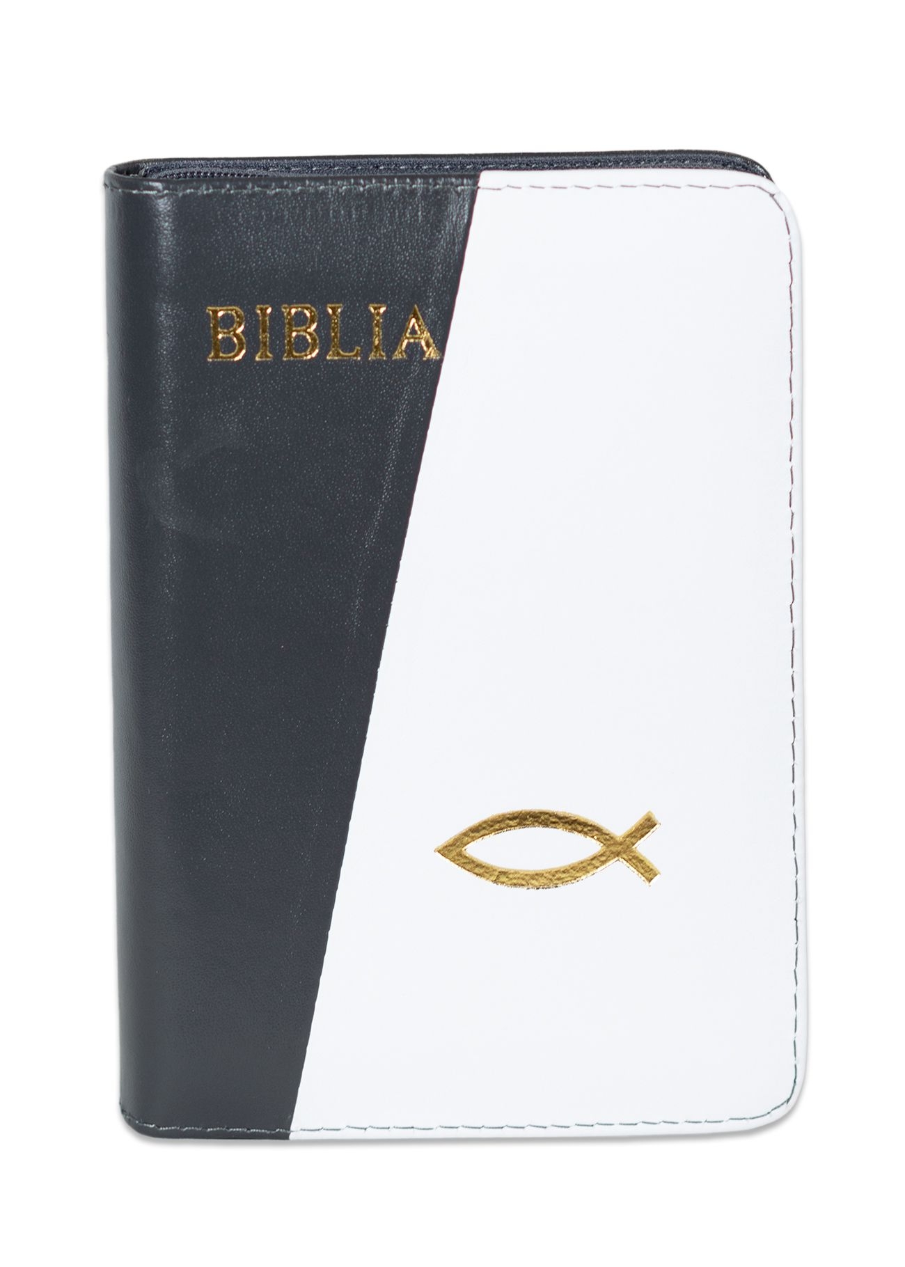 Biblia format mic, din piele, culoare gri inchis cu alb, dex, fermoar, margini argintii, simbolul cu maini in rugaciune ,v. lui Isus in rosu [047 PFI]