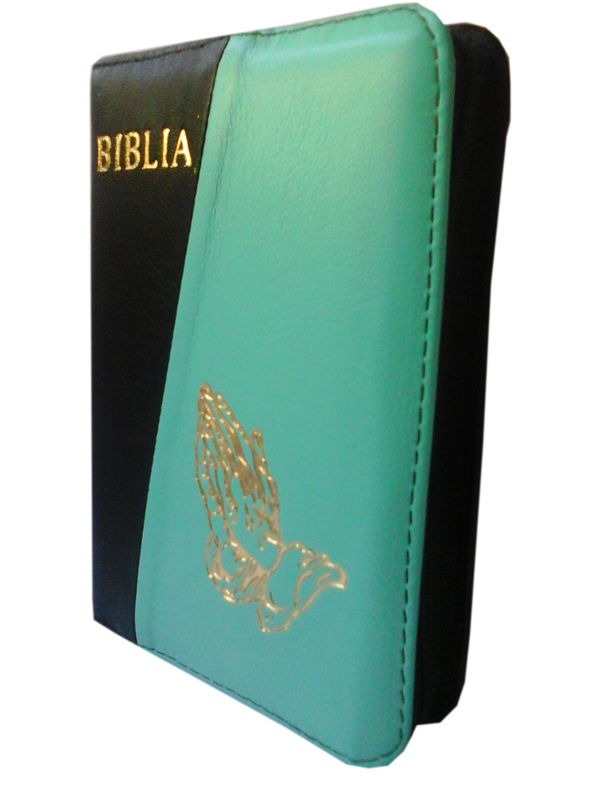 Biblie din piele, mica, negru / nuanta de verde, fermoar, aurita, cu maini, cuv. lui Isus in rosu [043 A]