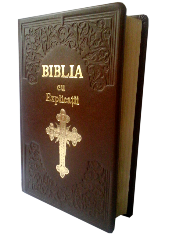 Biblia Handmade, mare, cu concordanta si explicatii, piele, maro deschis, cu cruce, aurita, cuv. lui Isus cu rosu [CO 77 HM]