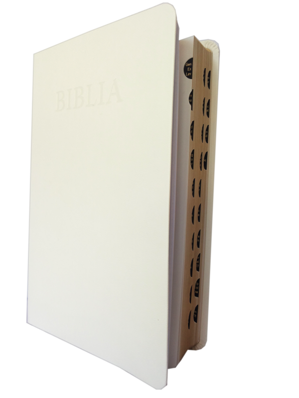 Biblia NTR (Biblia Noua Traducere), coperta imitatie piele, alba, aurita pe margini, index