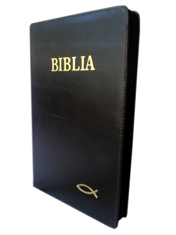 Biblie mare, piele, culoare neagră, fermoar, index, margini argintii, simbol pește, cuv. Isus cu rosu [SI 073 PFI]