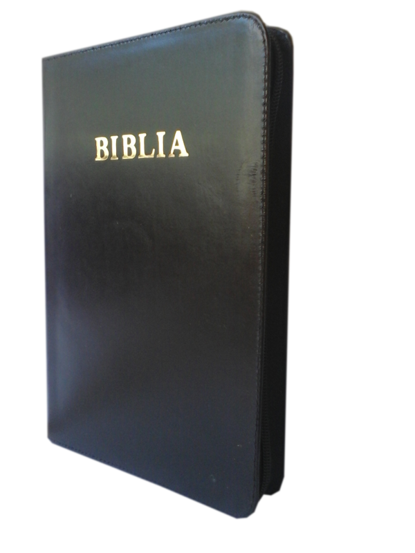 Biblia mare, piele, neagra, fermoar, margini aurii, cuv. lui Isus in rosu [073 PFR]