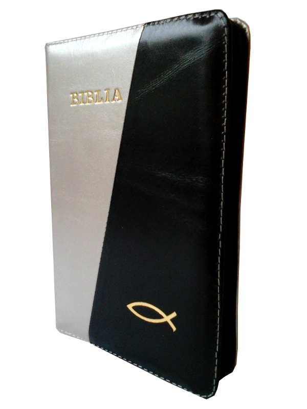 Biblia mica, piele, fermoar, argintiu / negru, cu peste, cuv. lui Isus cu rosu [043 A]