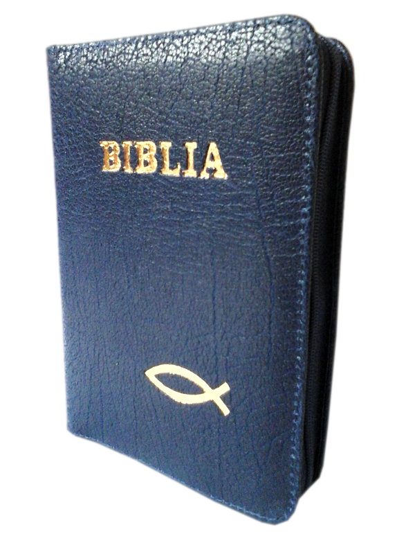Biblie din piele, mica, indigo, fermoar, cu peste, cuv. lui Isus in rosu [043 A]