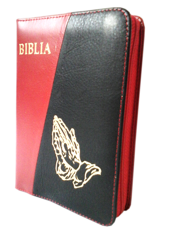 Biblie din piele, mica, rosu / negru, fermoar, cu maini, cuv. lui Isus in rosu [043 A]