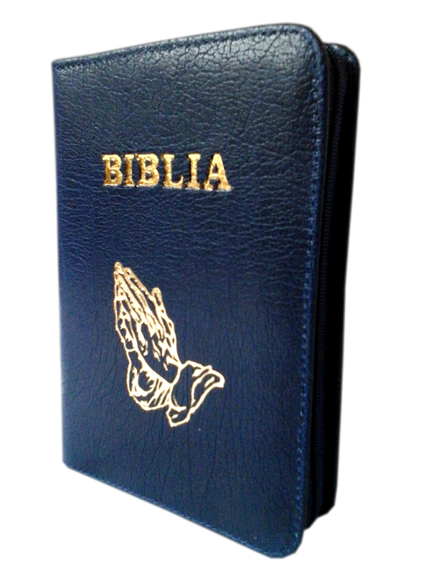 Biblie din piele, mica, indigo, fermoar, cu maini, cuv. lui Isus in rosu [043 A]