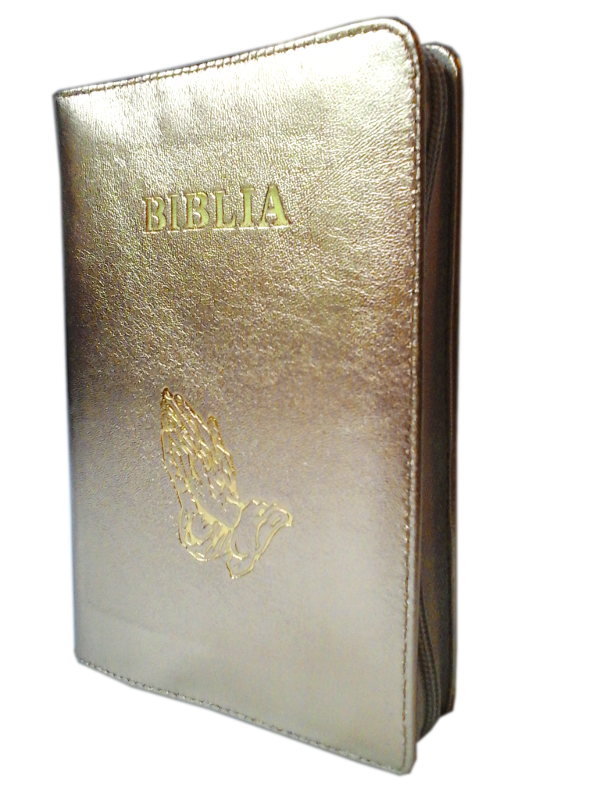 Biblia marime medie, piele, culoare auriu deschis, fermoar, cu maini, cuv. lui Isus cu rosu [053]