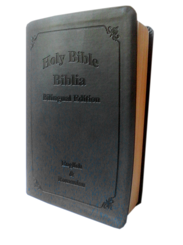 Biblia bilingva [romana-engleza], culoare gri inchis, margini aurii, coperta imitatie piele, cuvintele lui Isus cu rosu