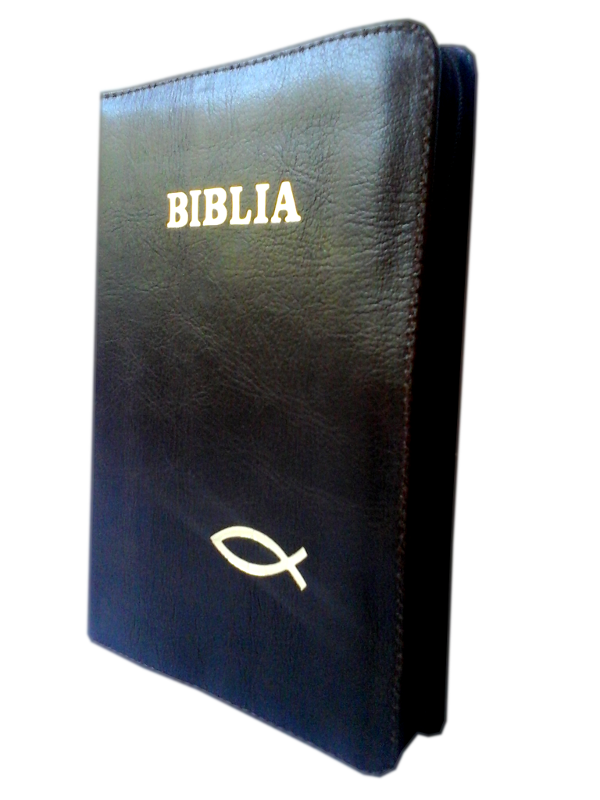 Biblia din piele, marime medie, maro, fermoar, cu peste, cuv. lui Isus cu rosu [053]