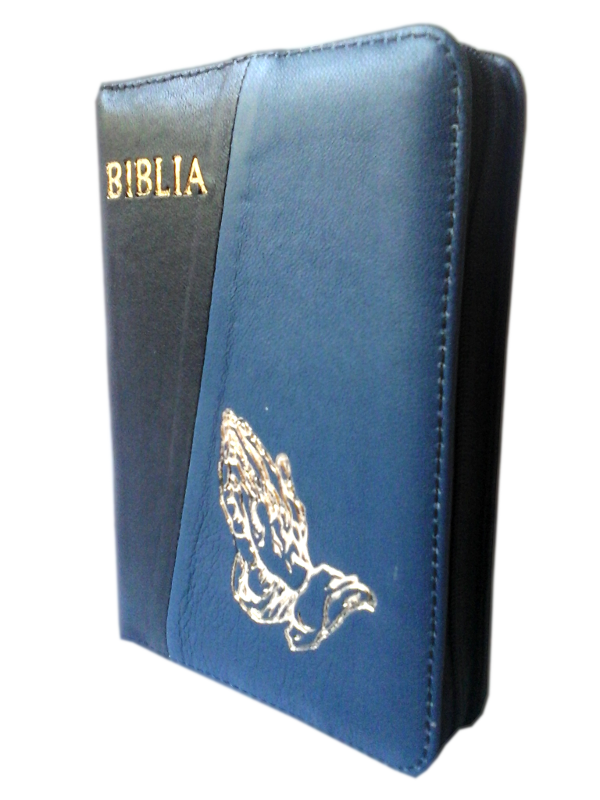 Biblie din piele, mica, negru / bleumarin, fermoar, cu maini, cuv. lui Isus in rosu [043 A]