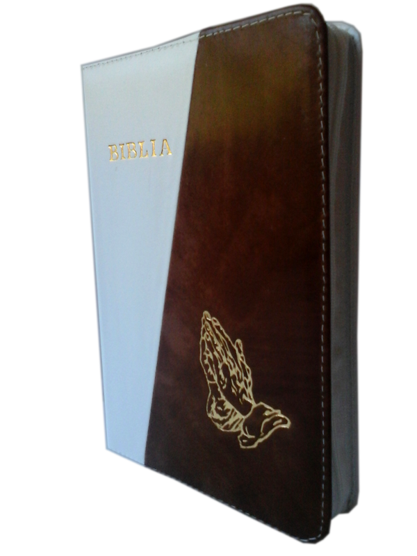 Biblia din piele, marime medie, alb / maro, fermoar, cu maini, cuv. lui Isus scrise cu rosu [053]