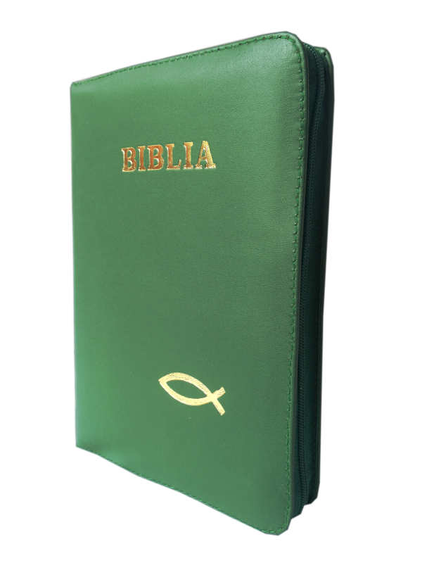Biblia din piele, marime medie, verde inchis, fermoar, cu peste, cuv. lui Isus cu rosu [053]