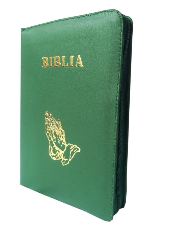 Biblia din piele, marime medie, verde, fermoar, cu maini, cuv. lui Isus cu rosu [053]