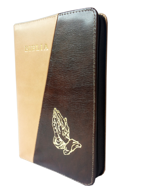 Biblia din piele, medie, bej / maro, fermoar, aurita, cu maini, cuv. lui Isus cu rosu [052]