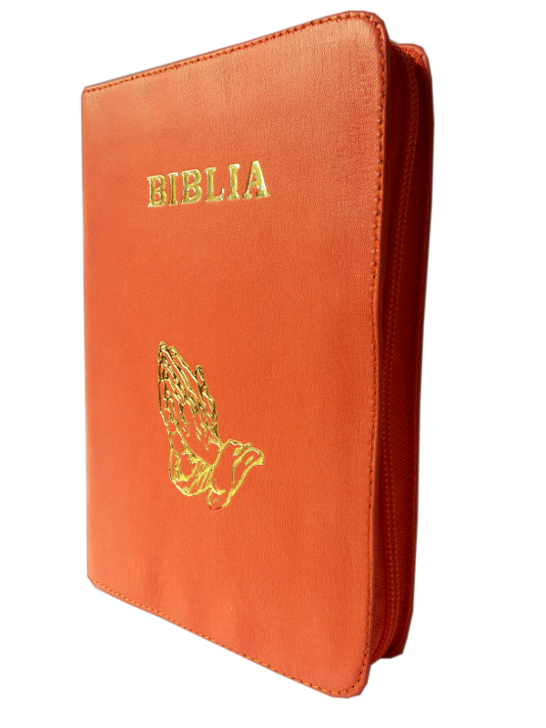 Biblia din piele, marime medie, portocalie, fermoar, cu maini, cuv. lui Isus cu rosu [053]