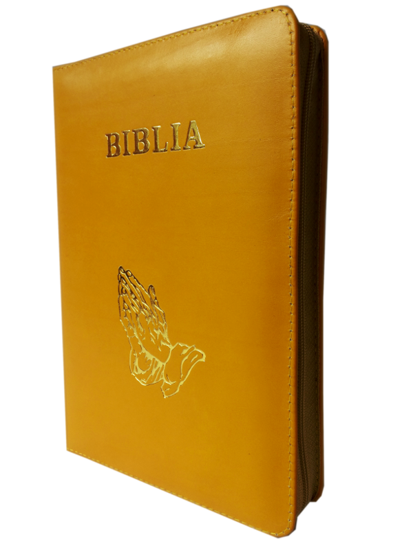 Biblia din piele, marime medie, galbena, fermoar, cu maini, cuv. lui Isus cu rosu [053]
