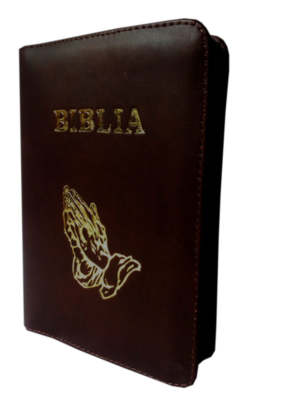 Biblie din piele, marime mica, maro inchis, fermoar, simbol maini in ruga [043 PF]